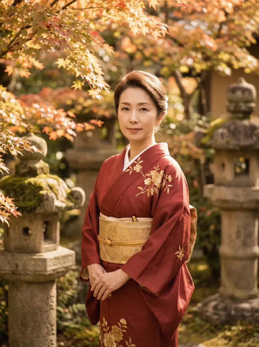 一位身穿暗红色和服的优雅 51每日大赛 在日式庭院中