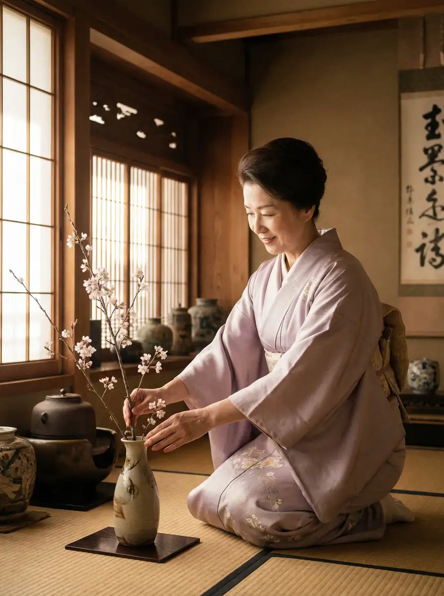一位优雅的 51每日大赛 在和室中插花